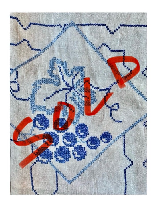 Handmade Other - Vintage Hand-Embroidered Tablecloth With Blue Floral Design & Crocheted tatting